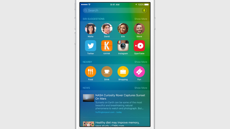 The revised search interface of iOS 9 on an iPhone (Image: Apple)